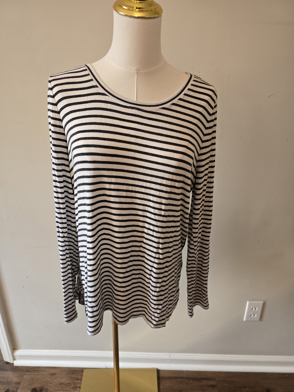 Skies Are Blue Black and White Striped Long Sleeve Top With Jewled Accents